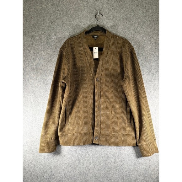 Express Mens Cardigan Medium Brown Herringbone Knit Button Front Pocket Academia - Picture 1 of 8